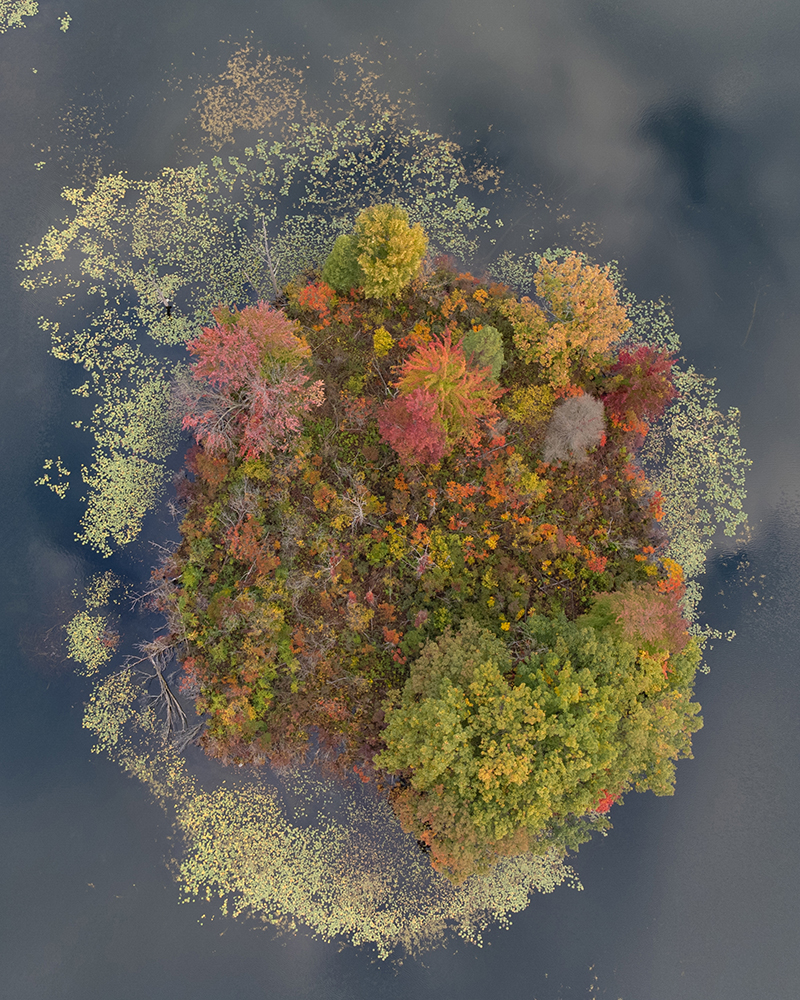 overhead view of a small island surrounded by water